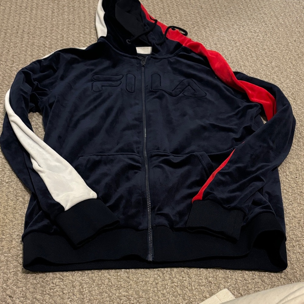 Fila Navy Velour Full-Zip Hoodie with Red & White Sleeve Stripes